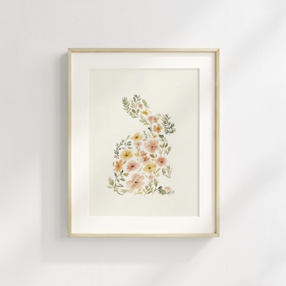 Floral Rabbit Illustration, Watercolor Bunny Easter Art Print, Cottagecore Nursery Decor