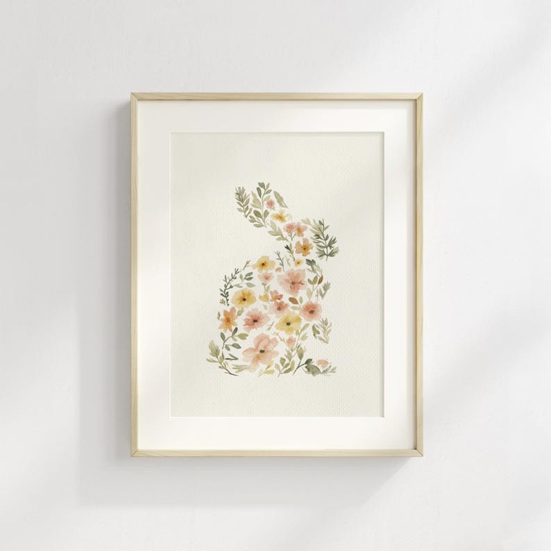 Floral Rabbit Illustration, Watercolor Bunny Easter Art Print, Cottagecore Nursery Decor image 1