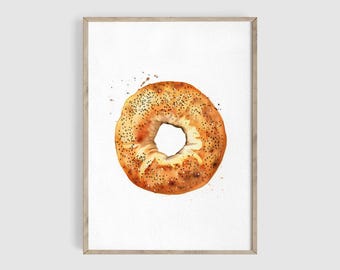 Bagel Watercolor Print, Food Art, Kitchen Wall Art Decor, Kitchen Gift, Bagel Wall Decor, Food Illustration, Kitchen Wall Decor, Breakfast