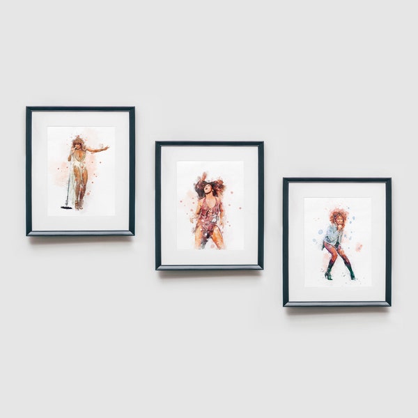 Tina Turner Wall Art, Set of 3, Original Art, Poster, Music, Watercolor Art Prints, Pop Culture