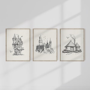 Wizard Wall Art, Set of 3, Gallery Wall Set, Wizard School, Magic Wall Prints, Wizard Neutral Nursery, Castle Wall Art, Fan Decor, Whimsical