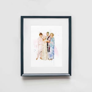 Op de afbeelding: Een aquarel schilderij van vier vrouwen die samen staan. De vrouwen dragen kleurrijke jurken en glimlachen. Het schilderij is op een witte achtergrond met roze en blauwe aquarel spatten.