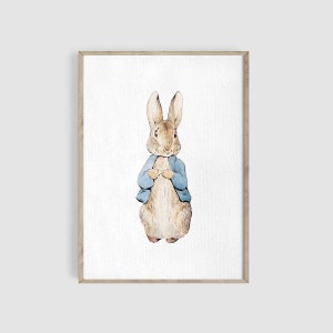 May include: A watercolor illustration of Peter Rabbit, a brown rabbit wearing a blue jacket, standing on a white background.