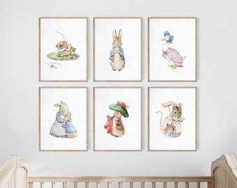 Set of 6 Beatrix Potter Nursery Art Prints, Peter Rabbit, Vintage Bunny Nursery Wall Art, Rabbit Art Print, Baby Shower Gift, Fine Art