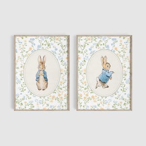 Könnte beinhalten: Zwei gerahmte Drucke von Peter Rabbit in einem blauen Jackett. Die Drucke zeigen einen weißen Hintergrund mit einem floralen Muster in Blautönen, Gelb und Grün. Jeder Druck hat einen runden Rahmen um Peter Rabbit.