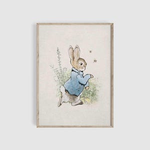 May include: A watercolor illustration of Peter Rabbit, a brown rabbit wearing a blue jacket, hopping through a field of green plants with yellow flowers. There are small bees flying around him.