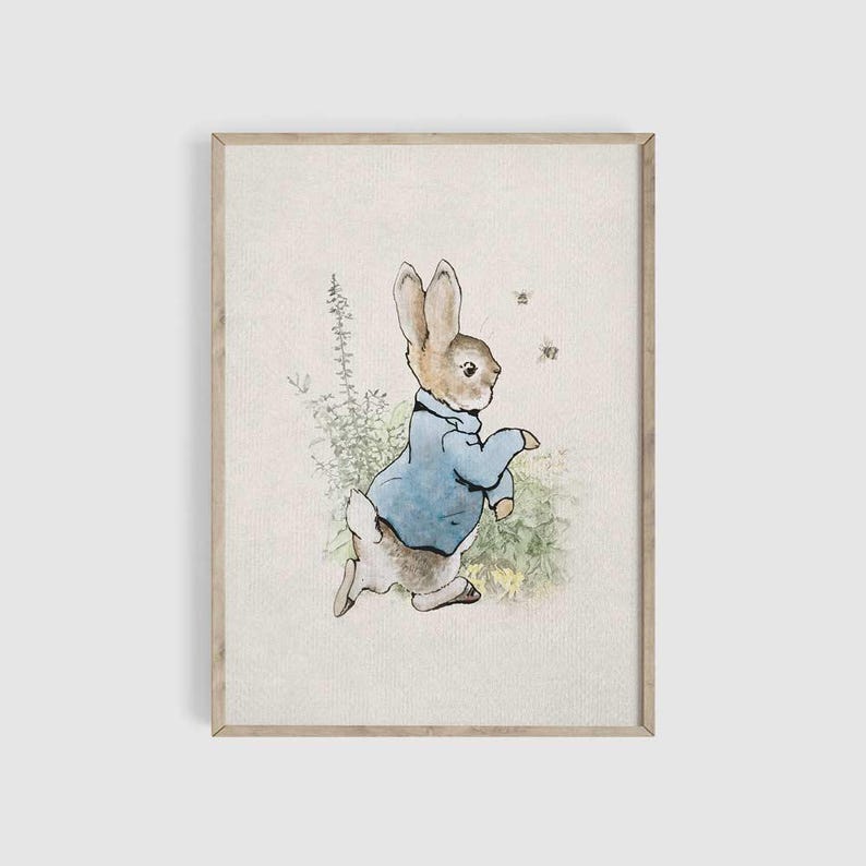 May include: A watercolor illustration of Peter Rabbit, a brown rabbit wearing a blue jacket, hopping through a field of green plants with yellow flowers. There are small bees flying around him.