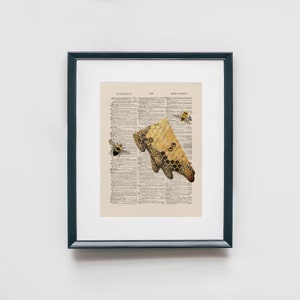 May include: A vintage dictionary page with a honeycomb and three bees. The honeycomb is a light brown color and the bees are yellow and black.