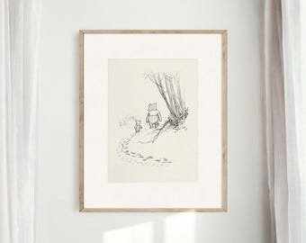 Pooh and Piglet Hunting Print, Winnie the Pooh Print Poster, Nursery Print, Kids Room, Baby Room, Pooh Print, Vintage, Neutral #5