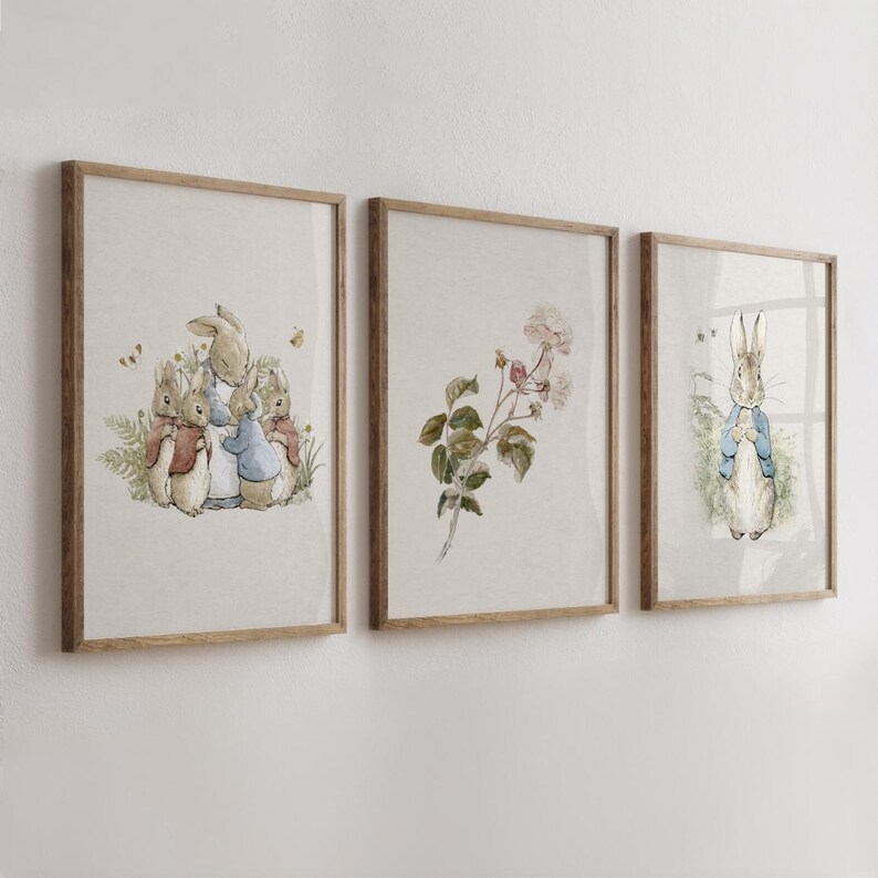 Peter Rabbit, Set of 3, Vintage Bunny Nursery Wall Art, Beatrix Potter Prints, Girl Nursery Wall Art, Rabbit Art Print, Baby Shower Gift immagine 3