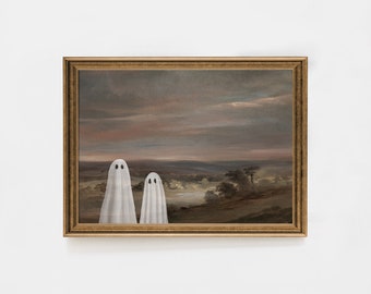 May include: A framed painting of a landscape with two white ghosts standing in the foreground. The sky is a muted brown and pink, and the landscape is a muted green and brown.