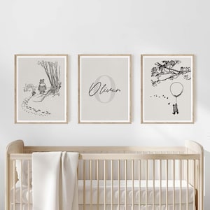 Winnie the Pooh Prints, Set of 3, Personalized Name Print, Winnie the Pooh Nursery, Classic Pooh Bear Wall Art, Gender Neutral, Baby Shower