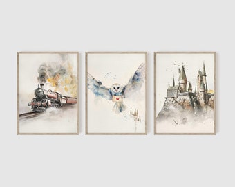 Wizard Neutral Nursery Set of 3, Snowy Owl Print, Wizarding Baby Decor, Castle Wall Art, Express Train, Fan Nursery Decor, Baby Shower Gift