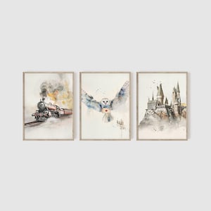 Wizard Neutral Nursery Set of 3, Snowy Owl Print, Wizarding Baby Decor, Castle Wall Art, Express Train, Fan Nursery Decor, Baby Shower Gift