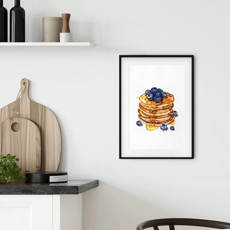 Blueberry Pancakes Watercolor Print, Brunch Art, Breakfast Print, Kitchen Wall Art Decor, Kitchen Gift, Food Illustration, Pancake Painting image 4