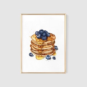 Blueberry Pancakes Watercolor Print, Brunch Art, Breakfast Print, Kitchen Wall Art Decor, Kitchen Gift, Food Illustration, Pancake Painting image 2