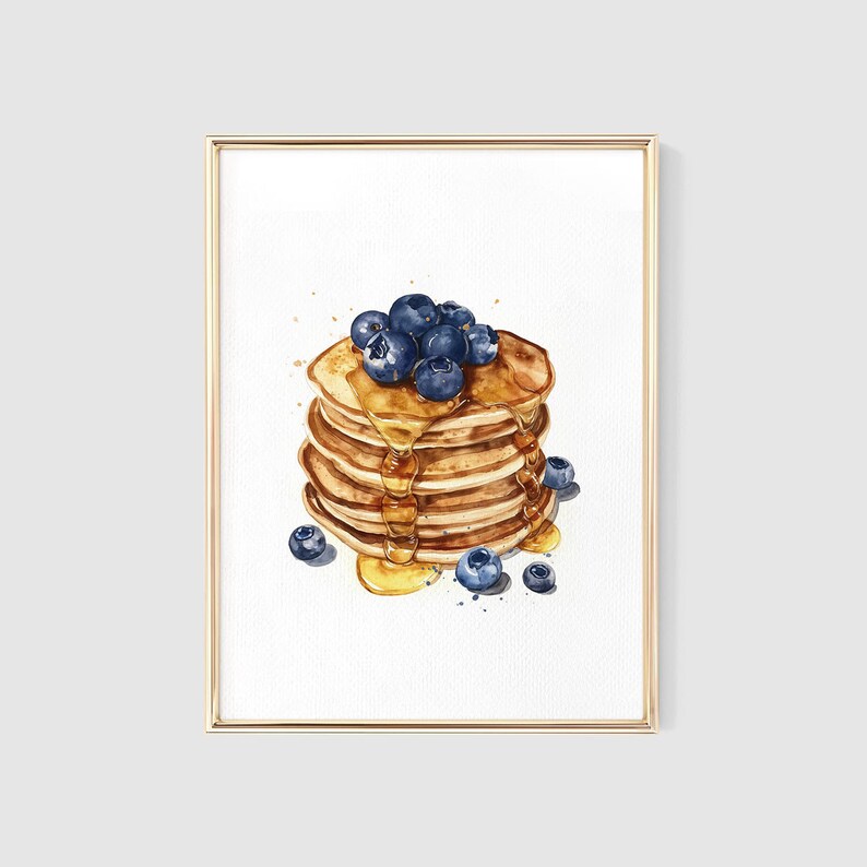 Blueberry Pancakes Watercolor Print, Brunch Art, Breakfast Print, Kitchen Wall Art Decor, Kitchen Gift, Food Illustration, Pancake Painting image 2