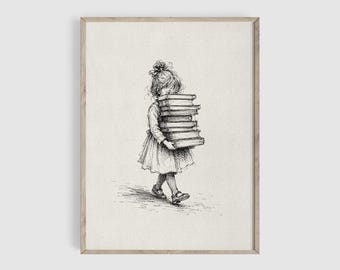 Puede incluir: Boceto en blanco y negro enmarcado de una niña que lleva una pila de libros. La niña lleva un vestido y zapatos, y su pelo está recogido en un moño. La obra de arte es una ilustración detallada con una estética vintage.