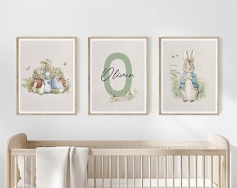 Peter Rabbit, Set of 3, Personalized Name Print, Vintage Bunny Nursery Art, Beatrix Potter, Gender Neutral, Rabbit Print, Baby Shower Gift