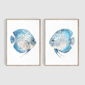 Abstract Watercolor Discus Fish, Set of 2 Prints, Blue Fish Painting, Sea Life Prints, Marine Animals, Coastal Wall Decor, Beach House Art