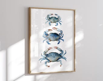 Blue Crabs Watercolor Painting Print: Coastal Nautical Wall Art