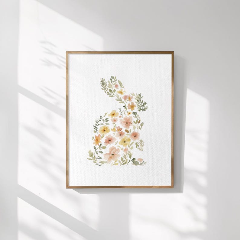 Floral Rabbit Illustration, Watercolor Bunny Easter Art Print, Cottagecore Nursery Decor image 3