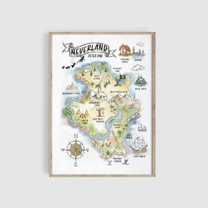 Peter Pan&#39;s Neverland Watercolor Map Art Print, Peter Pan Art Prints, Neverland Map, Nursery Art