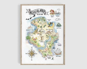 Peter Pan's Neverland Watercolor Map Art Print, Peter Pan Art Prints, Neverland Map, Nursery Art