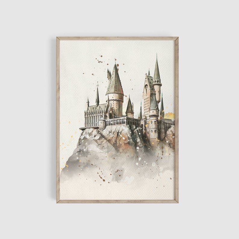 May include: A watercolour painting of Hogwarts castle, a fictional wizarding school, perched atop a rocky cliff. The castle is depicted in shades of grey and brown, with splashes of gold and brown watercolour paint around it.