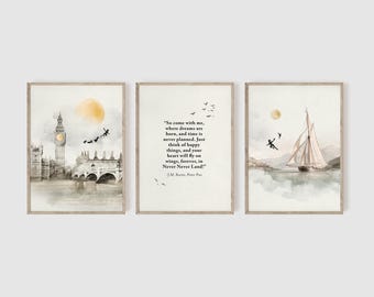 Peter Pan Nursery, Set of 3, Classic Peter Pan and Wendy Art Prints, Peter Pan Art, Classic Nursery Art, Nursery Wall Art, Quote Wall Art