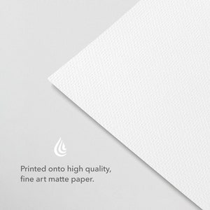 May include: A white textured paper with a water drop icon and the text "Printed onto high quality, fine art matte paper."
