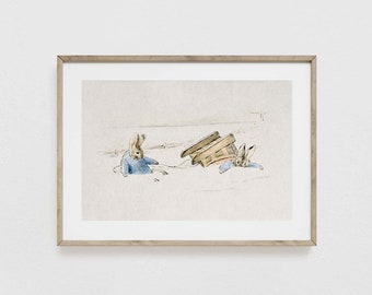 Peter Rabbit Sledding, Vintage Bunny Nursery Wall Art, Nursery Wall Art, Rabbit Art Print, Baby Shower Gift, Girls Room, Boys Room