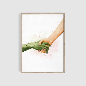 May include: A watercolor painting of two hands holding each other. One hand is human, the other is green and has claws. The background is a soft pink with white splatters.