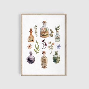 May include: A watercolor painting of various glass bottles filled with different colored liquids and surrounded by green and purple flowers. The bottles have cork stoppers and are arranged in a symmetrical pattern.
