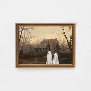 May include: A framed painting of a spooky scene with two white ghosts standing in front of an old stone building. The building is surrounded by trees and the sky is a pale yellow.