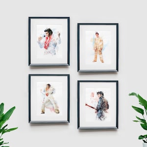 4 Set or Single Elvis Watercolor Art Prints, Pop Culture