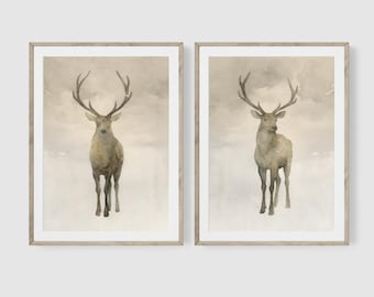 Deer Prints, Set of 2, Neutral Watercolor Elk, Rustic Cabin Decor, Woodland Animal Prints, Nature Wall Art Set, Minimalist, Scandinavian