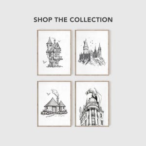 Pu&ograve; includere: Set di quattro illustrazioni in bianco e nero di luoghi iconici della serie di Harry Potter. Le illustrazioni includono il Castello di Hogwarts, Il Calice di Vino, la Banca Magica Gringotts e un drago.