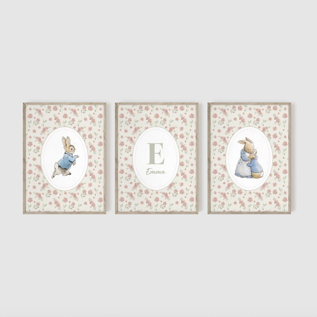 Peter Rabbit Nursery Prints, Set of 3, Personalized Name Print, Vintage ...