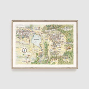 May include: A hand-drawn map of Beatrix Potter's World, featuring locations from her books, including the Lake District, the River, and the homes of Peter Rabbit, Squirrel Nutkin, and Jemima Puddle-Duck.