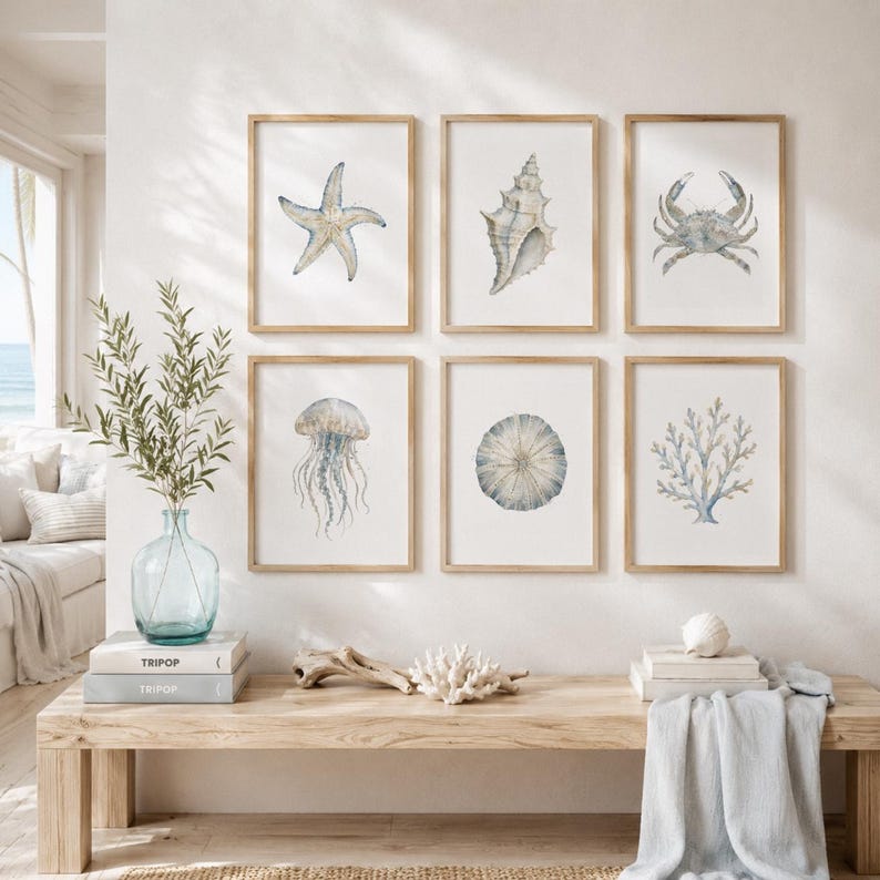 Coastal Seashell Wall Art Set, Blue Watercolor Ocean Prints, Starfish ...