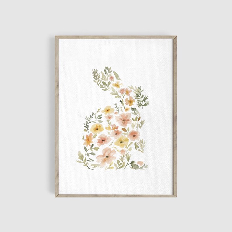 Floral Rabbit Illustration, Watercolor Bunny Easter Art Print, Cottagecore Nursery Decor image 5