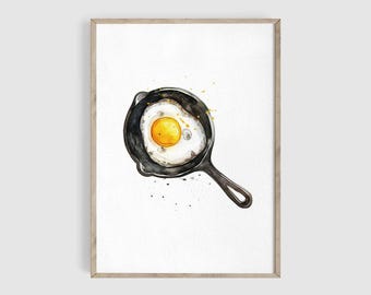Breakfast Eggs Watercolor Print, Fried Egg Art, Food Art, Kitchen Wall Art Decor, Kitchen Gift, Food Illustration, Breakfast Wall Art