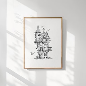 May include: A black and white line drawing of a whimsical house with a pointed roof and multiple windows. The house is perched on a tree trunk and has a small balcony. Two birds are flying above the house.