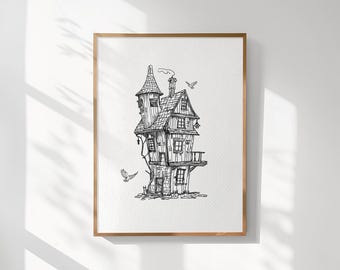 May include: A black and white line drawing of a whimsical house with a pointed roof and multiple windows. The house is perched on a tree trunk and has a small balcony. Two birds are flying above the house.