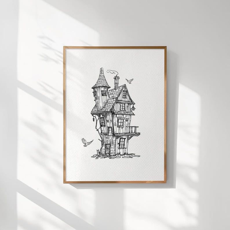 May include: A black and white line drawing of a whimsical house with a pointed roof and multiple windows. The house is perched on a tree trunk and has a small balcony. Two birds are flying above the house.
