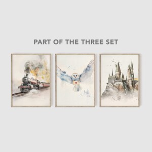 May include: Three watercolour paintings depicting scenes from the Harry Potter universe. The first painting shows a steam engine train travelling through a misty landscape. The second painting shows a white owl flying with a letter in its talons. The third painting shows Hogwarts castle on a hilltop.