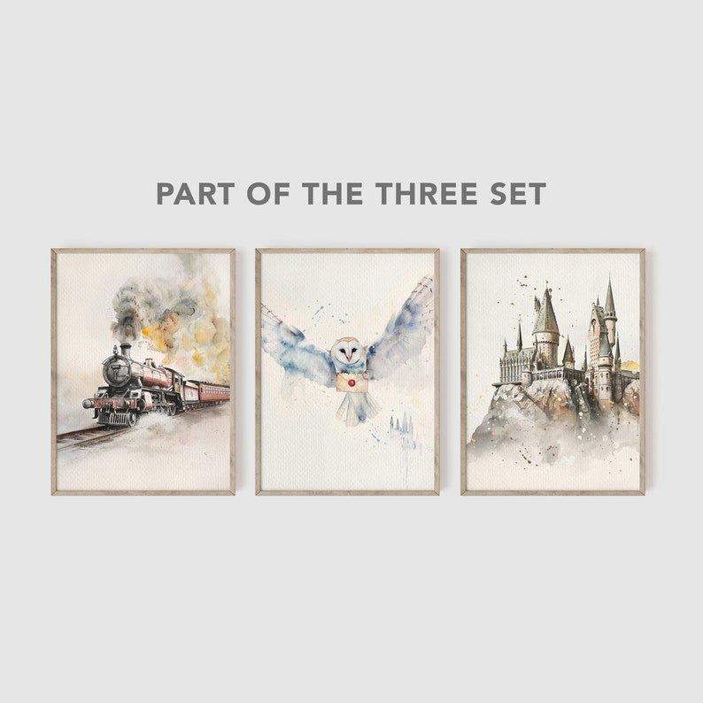 May include: Three watercolour paintings depicting scenes from the Harry Potter universe. The first painting shows a steam engine train travelling through a misty landscape. The second painting shows a white owl flying with a letter in its talons. The third painting shows Hogwarts castle on a hilltop.