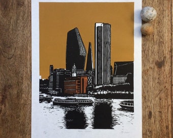 Three Graces l Original Linocut Print | London skyline | the Shard, One Blackfriars, Southbank Tower