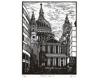 Original linocut print, St Paul's Cathedral, London